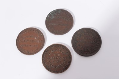 Lot 547 - Commonwealth - 19th century mixed trade penny tokens to include Australia, Melbourne T Stokes 'Military Ornament, Button etc' 1862 VF, Sydney, Iredale & Co (undated) AVF scarce, Geelong R.P. Parker...