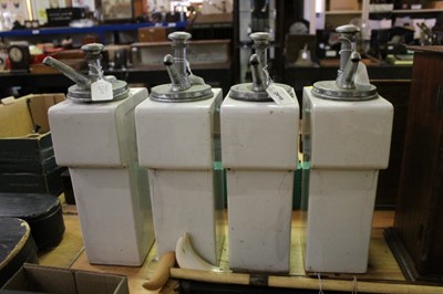 Lot 2610 - Group of four Vintage American Cafe syrup pumps for Orange, Raspberry, Lime and Ginger, with chrome fittings and ceramic bodies by Hall, each 41cm in height (4)