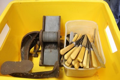 Lot 84 - Two boxes of stoneware bottles, a runner bean slicer and group of table knives