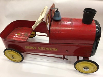 Lot 1813 - Tri-ang Children's Pedal car 'The Duke Express' together with a Mobo tin plate Horse (2)