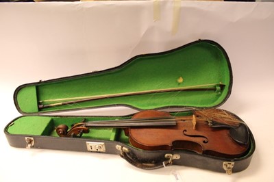 Lot 79 - Violin in case with bow, two-piece back measuring 37cm long including nose