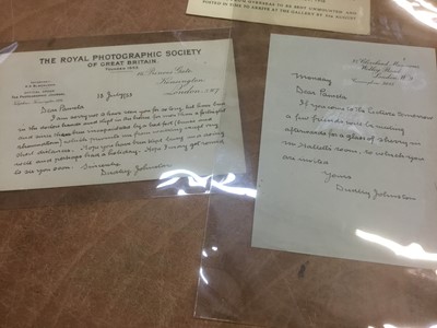 Lot 1553 - Pamela Chandler (1928-1993) material relating to Dudley Johnston M.B.E. President of the Royal Photographic Society, including negatives (crazed) approximately 10 period 5 x 4 photographs, letters...