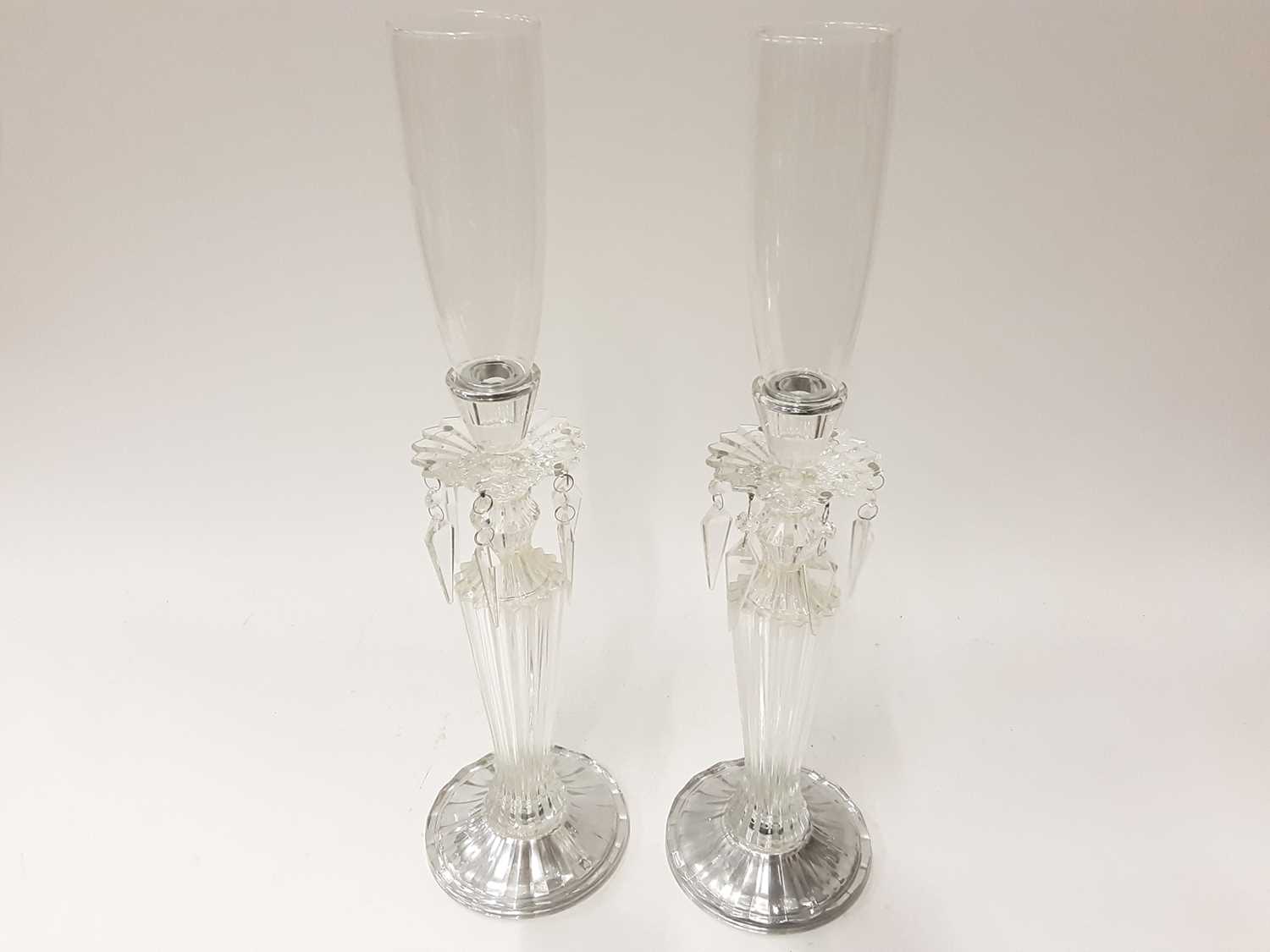 Lot 1314 - Pair of contemporary glass candlesticks with prismatic drops by Julien Macdonald