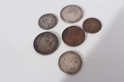 Lot 559 - G.B. - Mixed coinage to include silver William IV Half Crown 1836 VG-AF, George IV Crowns 1822 x 2 AVF and VG, Victoria YH Half Crown (N.B. Small scratches to reverse) otherwise AVF, copper Penny 1...