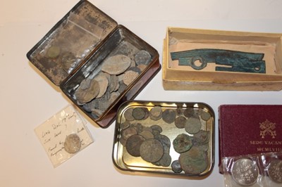 Lot 561 - World - Mixed coinage to include Ancients, G.B. money weights, lead seals, Chinese knife money, a Bradford Commercial Joint Stock Banking Co. Ltd linen bank bag containing brass copy Half Guineas x...