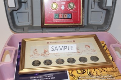Lot 562 - World - Two boxes containing mixed coins, medallions and coin accessories to include a glass framed set of six Crowns 'Kings and Queens of England', two Crown set 'King Edward VIII 1936, Metropolit...