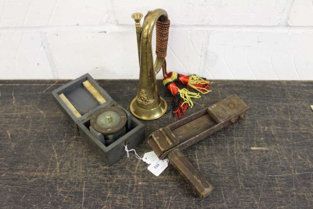 Lot 682 - First World War gas warning wooden rattle - stamped marks including broad arrow, brass bugle and RAF compass (3)