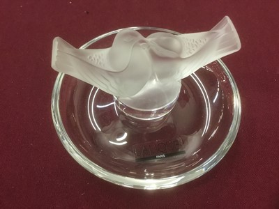 Lot 1320 - Lalique frosted glass paperweight, with engraved and printed label, doves on dished base, boxed