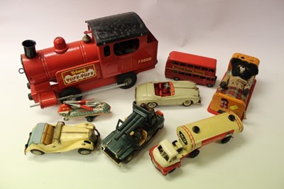 Lot 1868 - Tri-ang Puff Puff tinplate train plus a selection of tinplate cars, lorries and automaton including Minic (qty)