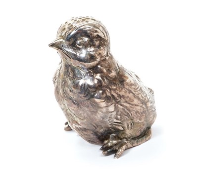 Lot 352 - Late 19th century Continental silver novelty "fledgling" pepperette in the form of a chick