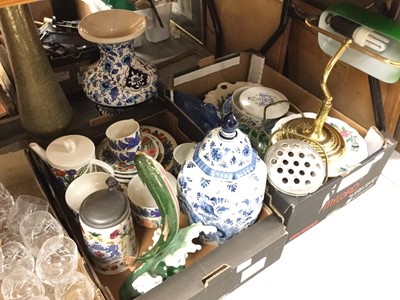 Lot 351 - Three boxes of cut glass, ceramics and brass desk lamp