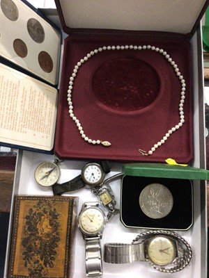 Lot 721 - Vintage wristwatches, cultured pearl necklace, coins and parquetry box