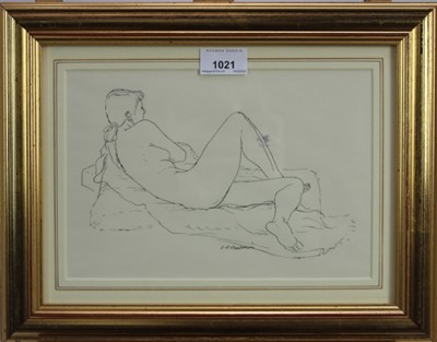 Lot 1021 - *Stanley Roy Badmin (1906-1989) pen and ink - Nude resting on her elbow