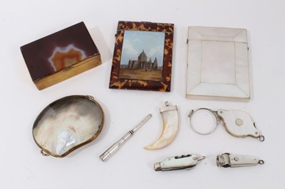 Lot 763 - Group of objets d'vertu to include Victorian mother of pearl visiting card case, Victorian tortoiseshell veneered card case