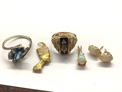 Lot 660 - Gold American College ring, Egyptian gold pendant, opal pendant, pair opal earrings and gem set dress ring