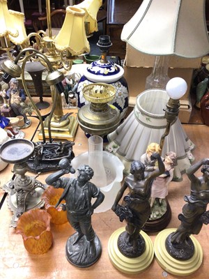 Lot 405 - Collection various table lamps, oil lamps, figures etc