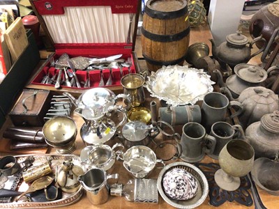 Lot 413 - Canteen of cutlery, plated ware, pewter tankards, old lamps, metal wares and sundries