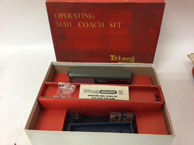 Lot 1841 - Railway Two boxes Triang railway including carriages, buildings etc, Trix station plus some Dinky cars