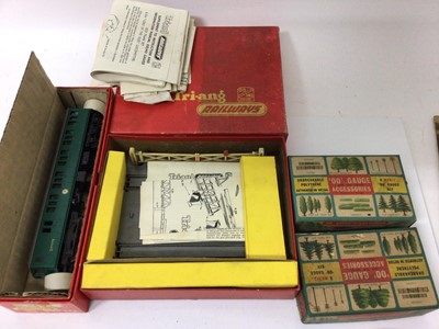 Lot 1841 - Railway Two boxes Triang railway including carriages, buildings etc, Trix station plus some Dinky cars