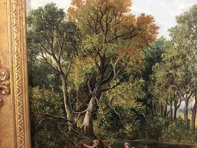 Lot 1 - Thomas C. Buttery (1796-1869) oil on panel - Children beside a stream with village beyond, 30cm x 23cm, in gilt frame.