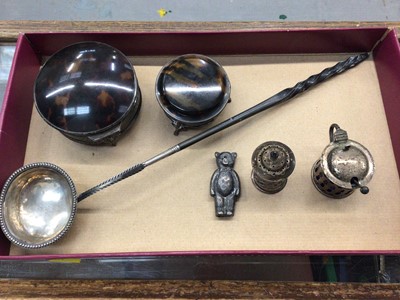 Lot 682 - Silver toddy ladle, two silver and tortoise shell trinket boxes, two silver cruets and silver bear rattle