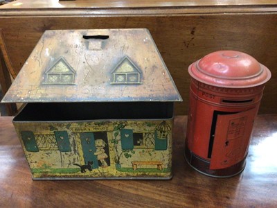 Lot 424 - 1930s Lucie Attwell Kiddibics Bicky House tin and vintage red post box money tin