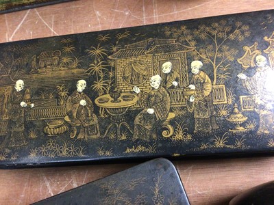 Lot 425 - Two Japanese papier-mâché boxes and string box, three other containers and four fans