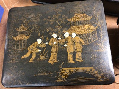 Lot 425 - Two Japanese papier-mâché boxes and string box, three other containers and four fans