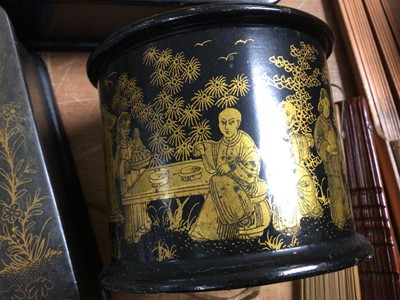 Lot 425 - Two Japanese papier-mâché boxes and string box, three other containers and four fans