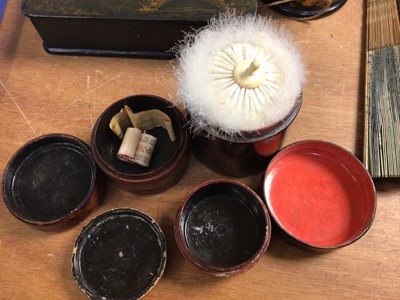 Lot 425 - Two Japanese papier-mâché boxes and string box, three other containers and four fans