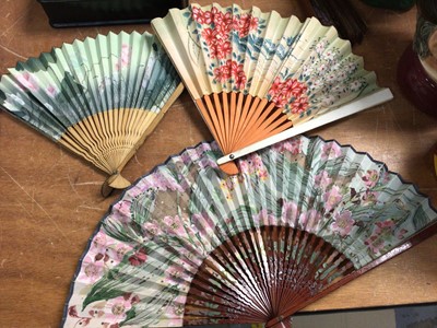 Lot 425 - Two Japanese papier-mâché boxes and string box, three other containers and four fans