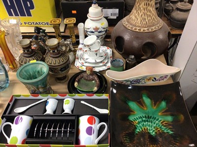 Lot 422 - Pair Mettlach style pottery jugs, Clarice Cliff vase, pair Royal Doulton Series ware candlesticks and other ceramics