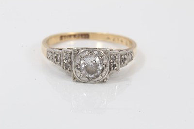 Lot 632 - 18ct diamond single stone ring in square platinum setting with diamond set shoulders