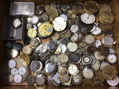 Lot 666 - Collection of vintage wristwatch and pocket watch parts and movements in wooden box