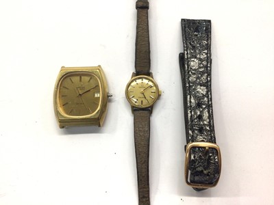 Lot 654 - Omega Quartz De Ville gold plated watch with black leather strap and ladies Omega Genève wristwatch (2)