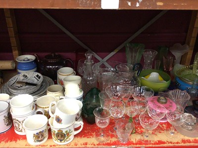 Lot 543 - Two shelves of china, including Ridgway Homemaker, commemorative ceramics, decorative glassware