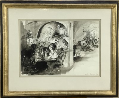 Lot 16 - Dick French (b. 1946) pen and wash - Cafe interior, signed and dated ‘96, 42cm x 30cm in glazed frame