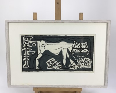 Lot 15 - English school, 1960s abstract print - Cat and fish, 43cm x 23cm, in glazed frame