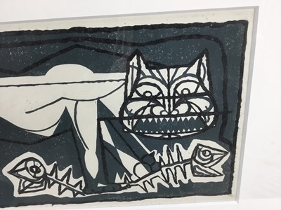 Lot 15 - English school, 1960s abstract print - Cat and fish, 43cm x 23cm, in glazed frame