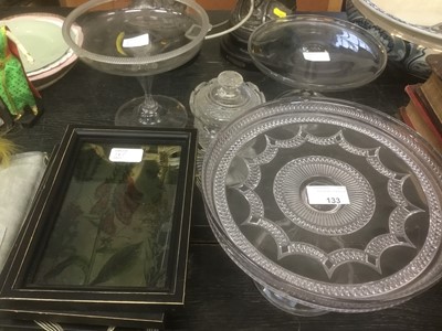 Lot 133 - Three glass tazzas together with a cut glass jar and cover and glass pictures