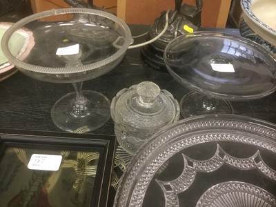 Lot 133 - Three glass tazzas together with a cut glass jar and cover and glass pictures