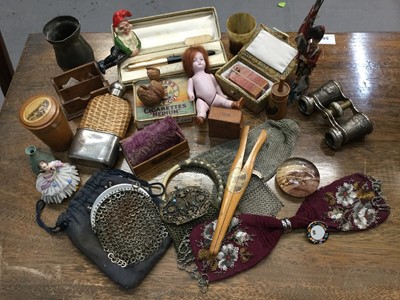 Lot 438 - Box of vertu items to include Mauchline ware items, dolls house items and novelty Vesta case.