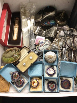 Lot 673 - Lot vintage spectacles, pin cushions and other sewing accessories, white metal bracelet, cycling medals and sundries