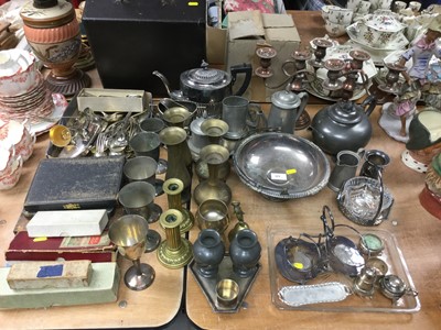 Lot 323 - Quantity of silver plate, pewter and other metal wares, including flatware, teapots, candlesticks, etc