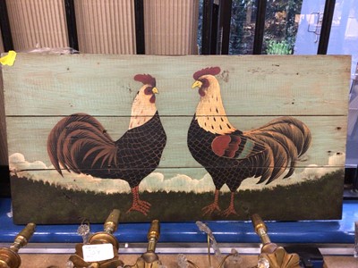Lot 212 - Folk art oil on board painting of chickens together with two pastel works of chickens by Lynette Singers