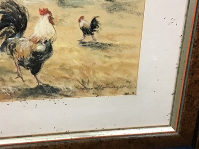 Lot 212 - Folk art oil on board painting of chickens together with two pastel works of chickens by Lynette Singers
