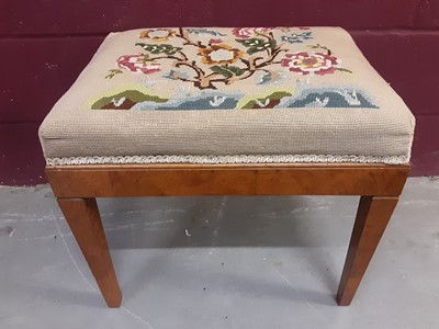 Lot 858 - Good quality burr walnut veneered stool with floral tapestry seat on square taper legs