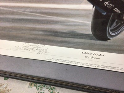 Lot 361 - Rod Organ signed print 'Magnifico Max' 1/500, together with a signed Chicago poster and a Monet print