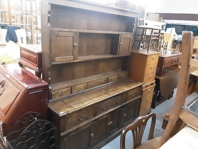 Lot 868 - Good quality oak two height dresser with open shelves and two small cupboards above, three drawers and four doors below, 168cm wide, 49cm deep, 190.5cm high