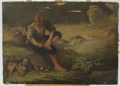 Lot 1084 - 18th century Italian School oil on canvas-seated traveller removing a thorn from his 
foot with his dog nearby, unframed. 
38 x 53cm.